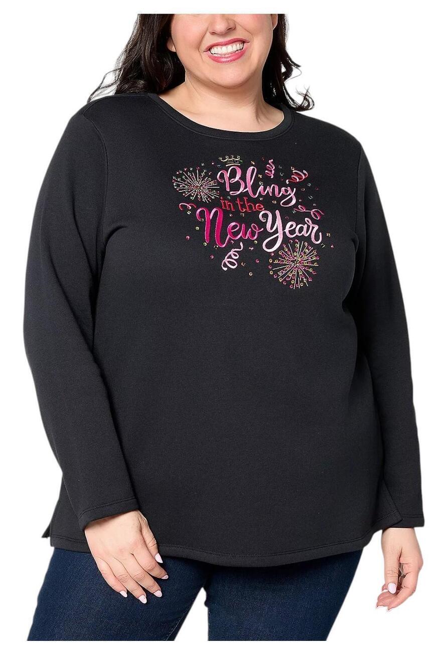 Quacker Factory Women`s Bling in the New Year Long Slv Sweatshirt Blk - Regular